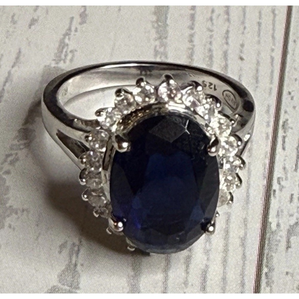 Avon Simulated Sapphire Ring Sz 8 Signed RJ 125 September Birthstone Silvertone